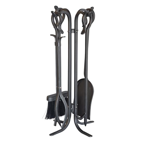 5-Piece Hand Forged Iron Fireplace Tool Set - Compact Wrought Iron Stand & Accessories