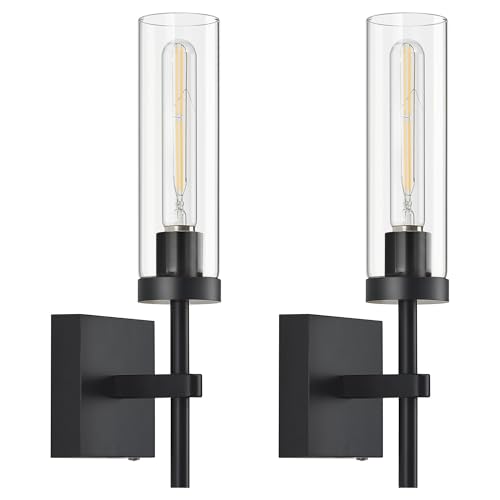 SANTOSTOCK Wireless Wall Sconces Set of 2 with Remote, Rechargeable 16 Inch Glass & Black Finish, Dimmable 3000K