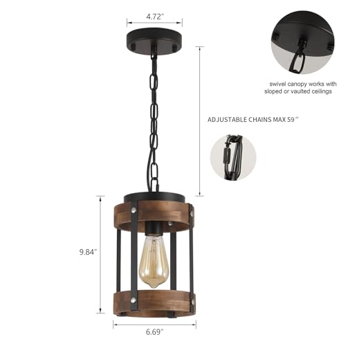 Small Pendant Light 2 Pack Rustic Farmhouse Wood and Metal Fixture - Adjustable Chain