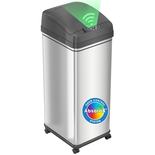 Touchless Sensor Kitchen Trash Can with Odor Filter and Wheels - Silver & Black