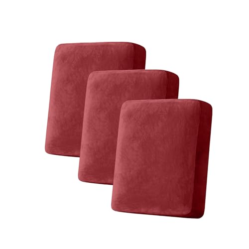 Taque Christmas Red 3-Piece Velvet Stretch Sofa Cushion Covers, Elastic Slipcovers for 21-24" Cushions