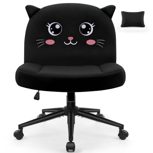 ALLGOD Black Cat Shape Armless Vanity Chair with Soft Fabric, Playful Office Desk Seat