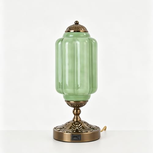 Vintage Touch Table Lamp with Green Milk Glass Shade & Antique Brass Base, 3-Way Dimmable Desk Light with USB Charging