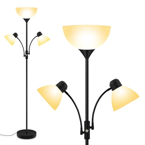 BoostArea Torchiere Floor Lamp with Reading Lights - 71 Inch Black Standing Lamp (NO BULB) - Modern 3-Way Switch