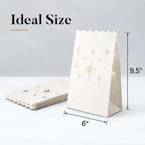 Homemory 50 Pack White Star Candle Luminary Bags - Moisture Proof & Reusable