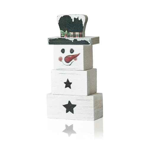 Smile 3 Pcs Winter Christmas Indoor Decoration, Wooden Sign Tabletop Retro Decor, Snowman Blocks, Ornaments for Home Shelf Mantel Fireplace.
