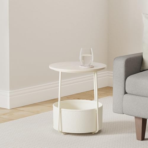 Cream White Small Round Side End Table with Fabric Storage Basket - Modern Nightstand