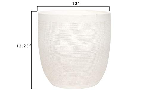 Large Matte White Embossed Stoneware Planter - Cheese Cloth Texture, 12 Inch Diameter