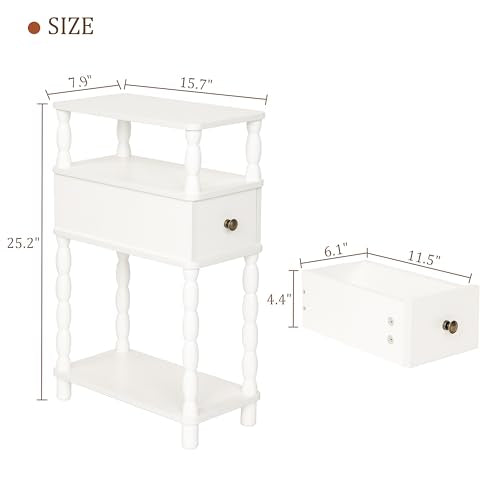 White Narrow End Table with Drawer - Small Side Table for Living Room & Bedroom