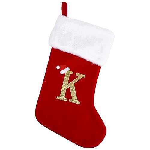 20 Inches Monogram Christmas Stockings with Letters, Large Super Soft Christmas Stockings Red Velvet with White Super Soft Plush Cuff for Christmas Xmas Tree Holiday Fireplace (K)