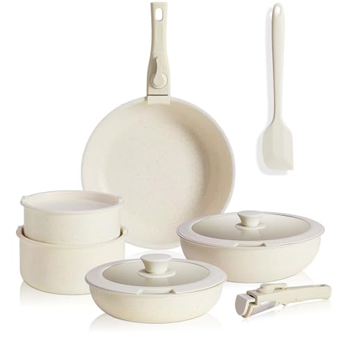 DUMOS 12pcs Pots and Pans Set - Nonstick Cookware Sets with Detachable Handle - Kitchenware for Your Home Cooking Needs, Beige