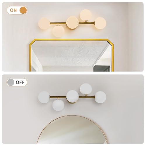 Feasey Gold Milk Glass Bathroom Vanity Light Fixtures, 5-Light Wall Sconce