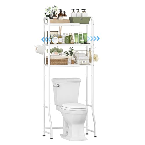 White Expandable Over-the-Toilet Storage Rack with 3 Shelves & Hooks