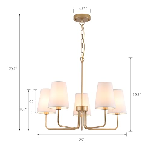 Farmhouse Gold Chandelier with 5 White Fabric Shades - Linear Island Lighting Fixture