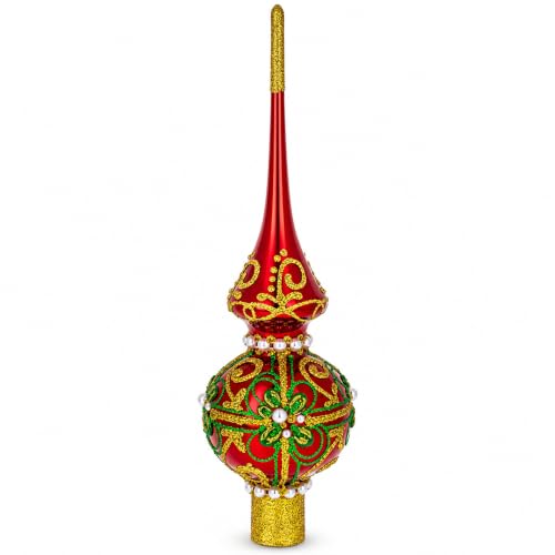 Red Glass Christmas Tree Topper with Gold & Green Glitter - 11 Inches