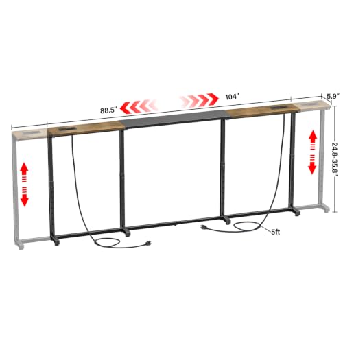 Adjustable Narrow Console Table Behind Couch with 2 Power Outlets, Rustic Brown