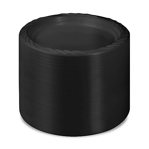 9 Inch Black Plastic Dinner Plates Set - Bulk Pack of 200 Disposable Plates