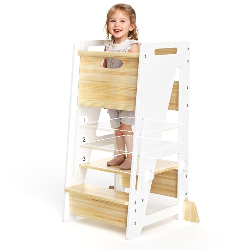 White Toddler Kitchen Helper Stool - Adjustable 3-Level Wooden Learning Step for Kids