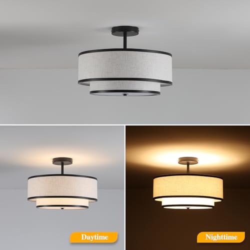 Black Semi Flush Mount Ceiling Light with Double Drum Fabric Shade - Modern Farmhouse Chandelier for Bedroom, Kitchen, Hallway
