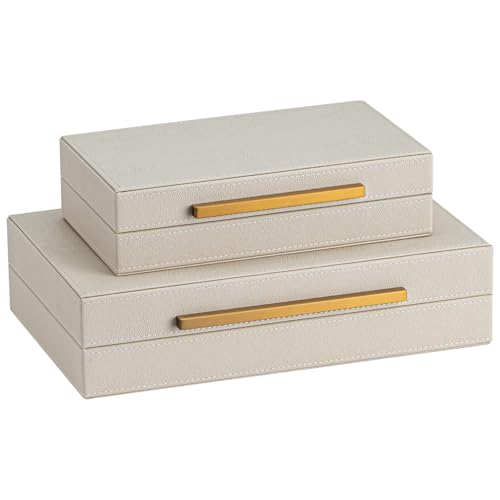 Set of 2 Beige Shagreen Decorative Storage Boxes with Gold Metal
