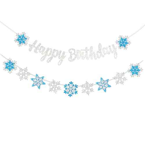 Frozen Snowflake Birthday Decorations Banner Snow Winter Glitter White and Blue Snowflake Happy Banners for Winter Wonderland Party Christmas Birthday Party Supplies Favors