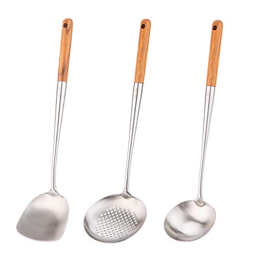17-Inch Stainless Steel Wok Spatula and Ladle Set - 3-Piece Kitchen Utensil Set