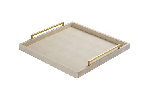 24x24 Inch Oversized Ivory Shagreen Leather Ottoman Tray with Gold Handles – Large Decorative Serving & Coffee Table Tray (Variation: Ivory-Gold Handle)