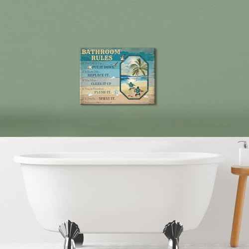 Sea Turtle Bathroom Decor Teal Blue Bathroom Rules Wall Art Beach Themed Funny Quotes Words Pictures Farmhouse Toilet Sign Canvas Prints Artwork for Restroom Door Bath Laundry Home Decorations 12x16"