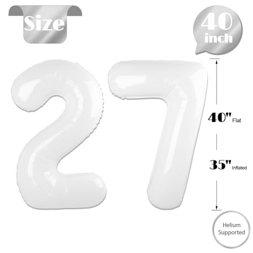 White Number 27 Balloon 40 inch, 27 Number Balloons, 27th White Birthday Decorations for Girls Boys 27 Year Old Party Supplies