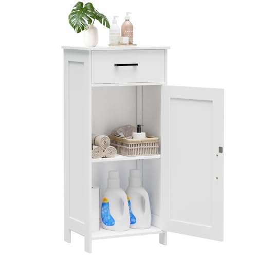 Homhedy White Bathroom Storage Cabinet with Drawer & Adjustable Shelf - Corner Fit