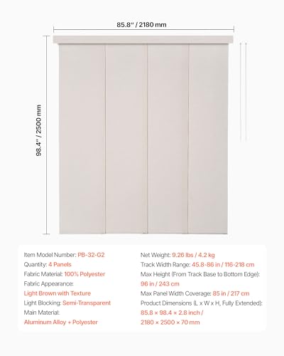 VEVOR Panel Track Blinds, Extendable from 45.8 in to 86 W, Trimmable