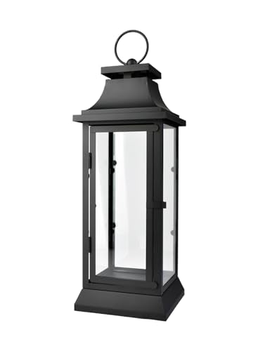 Large Black Metal Hurricane Lantern with Clear Glass Panels - 20 Inch Tall, Tabletop & Hanging Decor