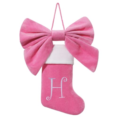 Siriphum Mini Pink Velvet Christmas Stocking with Embroidered Monogram & Bow - Pink/H