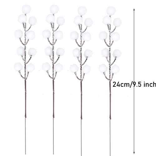 24Pcs Artificial White Berry Picks Snow Sprays Christmas Frosted Holly Berry Stems Twigs Winter Branches for Xmas Tree Fillers Decor Holiday Arrangements Wreaths Garland Crafts DIY Ornaments (White)