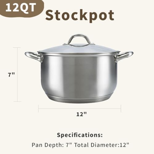 Lunalua 12 Quart Stainless Steel Stock Pot with Lid - Heavy Duty Canning & Cooking, Cool Grip Handles (1 Piece)