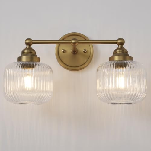 Antique Vintage 2-Light Clear Ribbed Glass Wall Sconce with Brass Finish