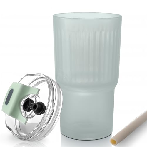 Iced Coffee Cups with Lids: Coffee Bar Accessories - Ribbed Glass Tumbler with Silicone Straw and Lid - 20oz Leak Proof Reusable Glass Cups and Tumblers with Lid and Silicone Straws(1Pcs-Blue)