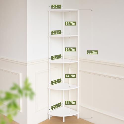 Yoobure White Corner Shelf Stand 5-Tier Tall Bookshelf for Bedroom & Living Room