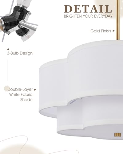 18-Inch Gold Pendant Light with White Fabric Shade - Dual Layer Quatrefoil Design, Adjustable Height