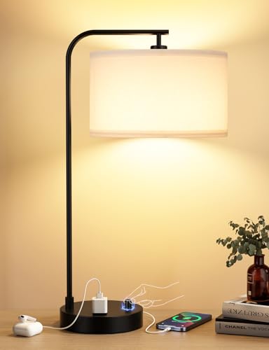 Innqoo 20.7-inch Modern Dimmable Nightstand Table Lamp with USB & Outlet, Black & White Shade