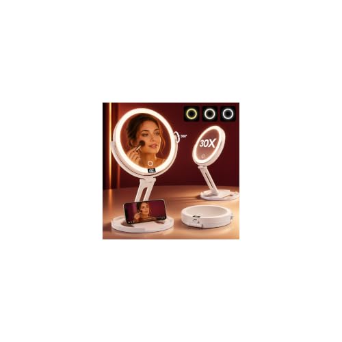 Velmelle White Travel Makeup Mirror with Lights, 1X/30X Dual-Sided Magnification