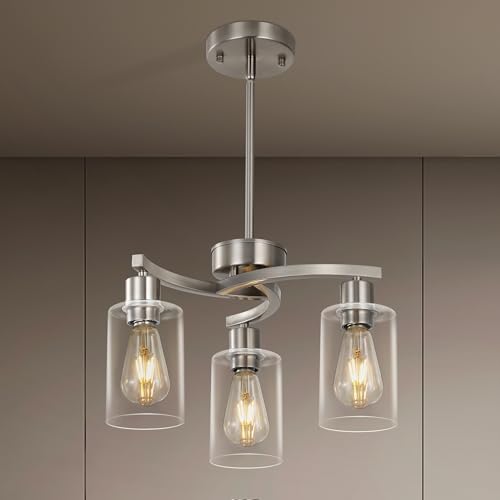 Syltherra 3-Light Brushed Nickel Pendant Light Fixture with Glass Shade - Modern Adjustable Kitchen & Dining Chandelier