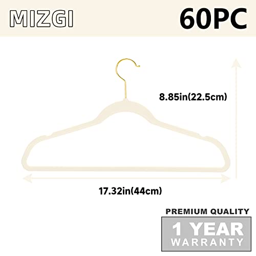 Ivory & Gold Velvet Hangers Pack of 60 - Heavy Duty Slimline Non-Slip Closet Organizers