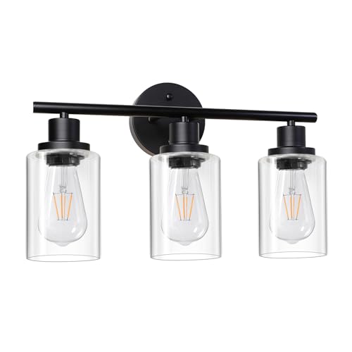 Unicozin Black 3 Light Vanity Wall Lamp with Clear Glass for Bathroom & Bedroom - Modern E26 Fixture