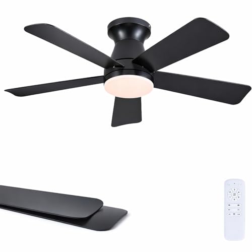 Goniyado 41-Inch Black Modern Low Profile Ceiling Fan with Lights & Remote - 5 Blades