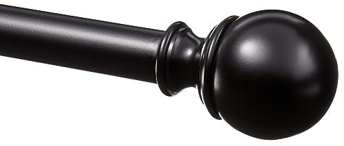 Adjustable 1-Inch Curtain Rod with Round Finials, 72-144 Inches, Black, 1-Pack