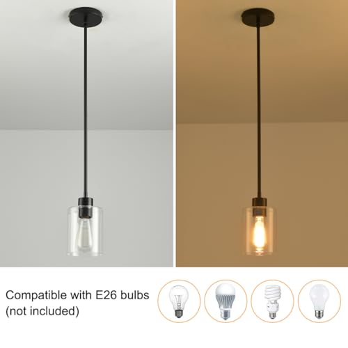 Black Pendant Lights Kitchen Island 2 Pack Modern Glass Fixture with Stem Rod - Black
