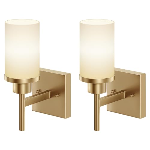 Vanity Lighting Fixtures 2 Pack with White Frosted Glass Shades - Champagne Bronze Wall Lamps for Bathroom & Bedroom - Up & Down Mounting