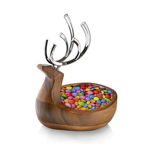 Nambe Reindeer Candy Dish - Holiday Figural Decor with Acacia Wood and Chrome Antlers