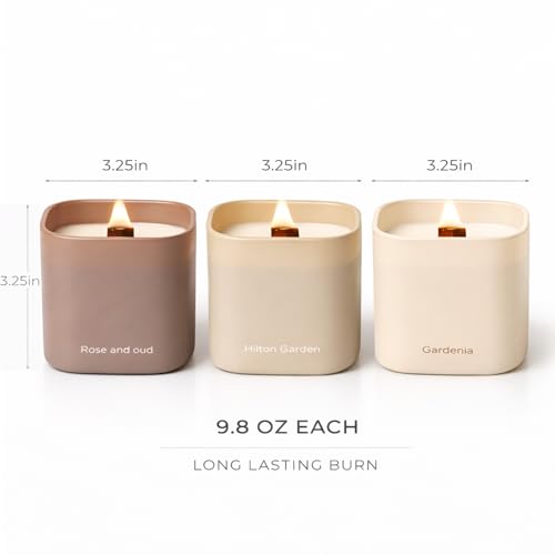 Scented Soy Candle Gift Set with Crackling Wood Wicks - Gardenia, Hilton Garden & Rose Oud - 3 x 9.8oz